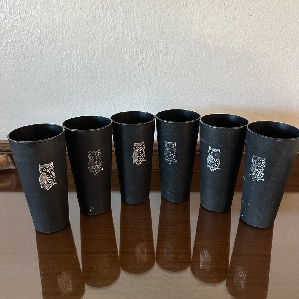 Vintage Set of 6 Black Plastic Owl Tumblers Retro Mid Century Cups